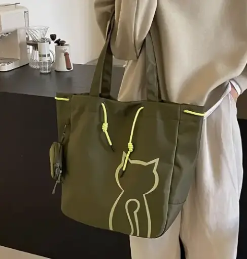 Bolsa verde para mujer de naylon con gato BUDBAO